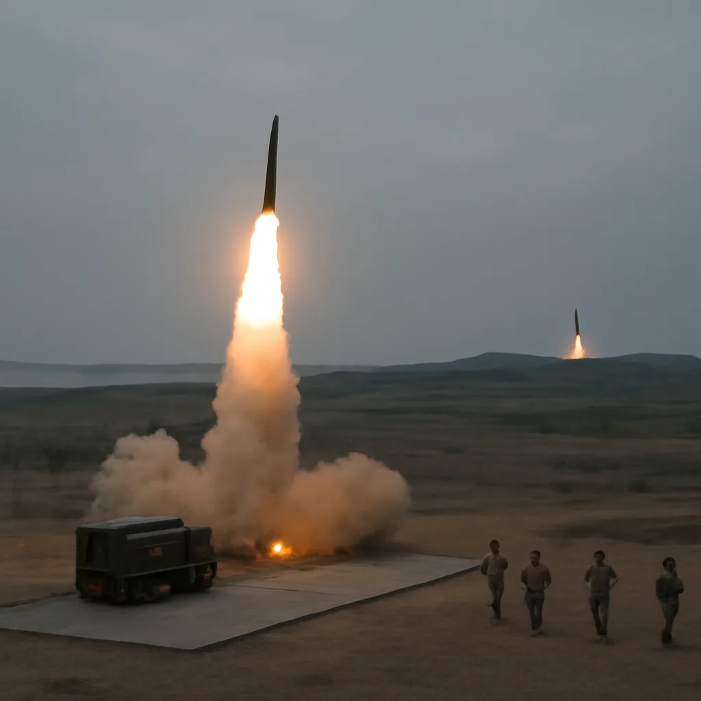 Two military missile launch sites in South Asia showing a missile rising from a coastal or inland launcher under overcast sky; no identifiable faces.