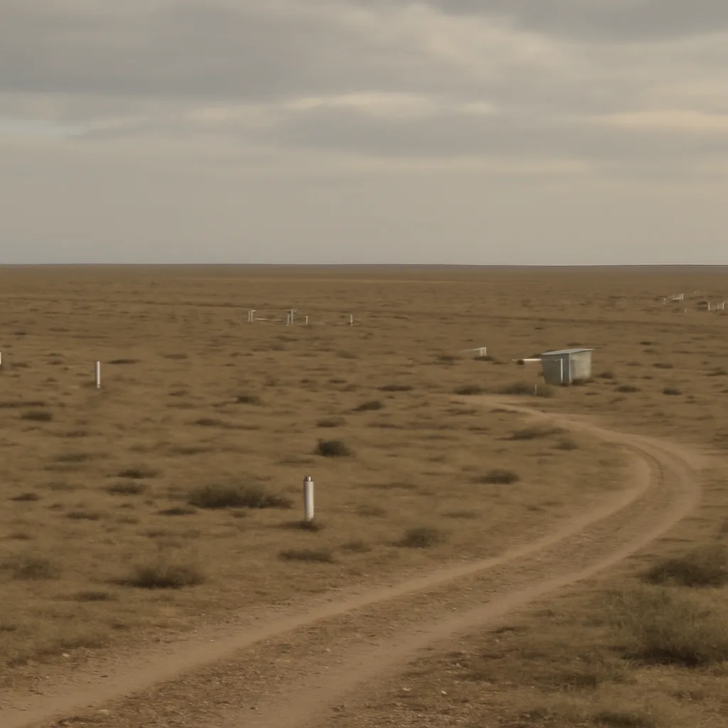A wide view of the Pokhran desert test range area in Rajasthan: flat arid landscape with low scrub, survey markers and access tracks; no people shown.