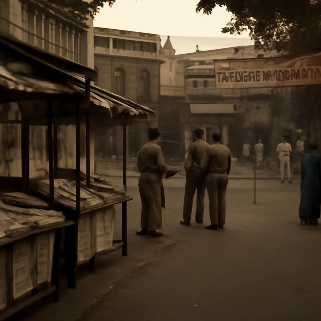 Crowded street in mid-1970s Indian city with covered newspaper stall and uniformed police presence, evoking a tense, controlled public atmosphere.