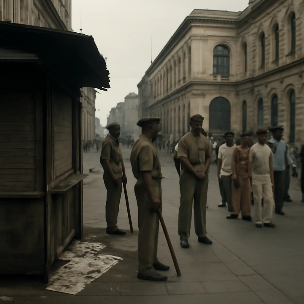 Crowded street scene in 1970s India with blocked newspaper stand, policemen in uniform, and a government building in the background suggesting state authority.