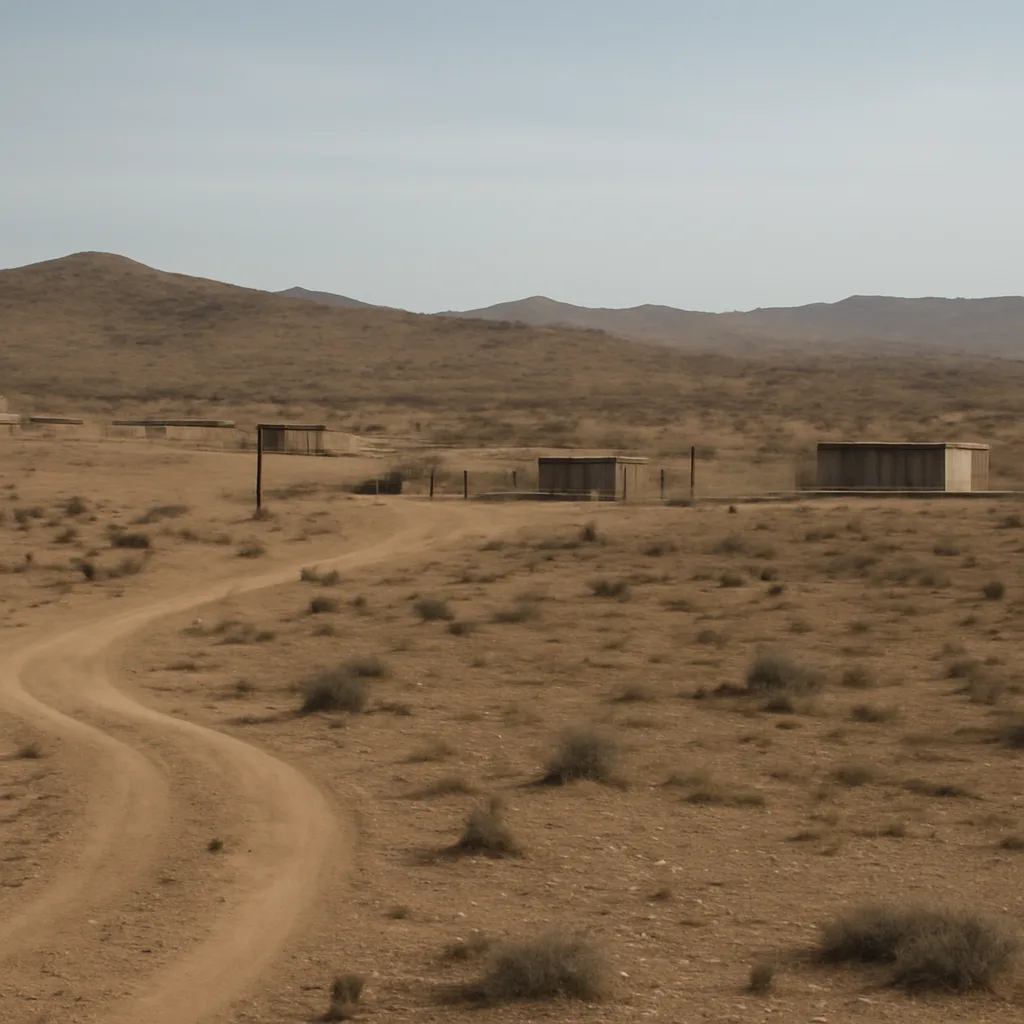 Aerial view of the arid, rocky terrain of the Pokhran test range in Rajasthan with sparse scrub vegetation and low hills under a clear sky; no people visible.