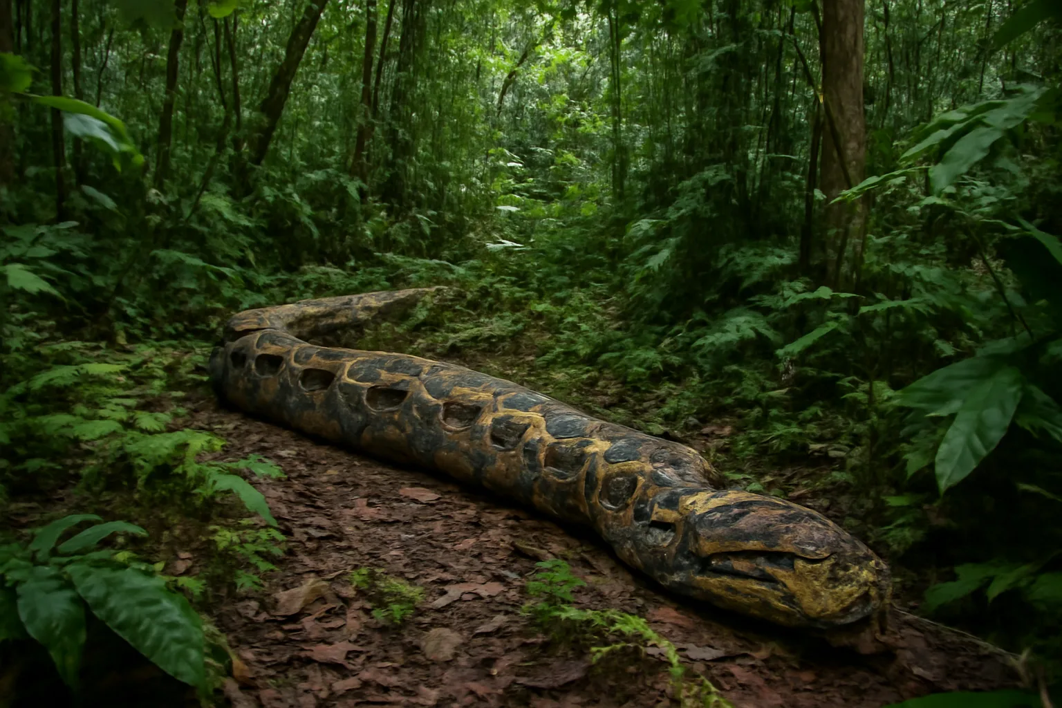 A giant reticulated python coiled in dense green jungle foliage in Indonesia