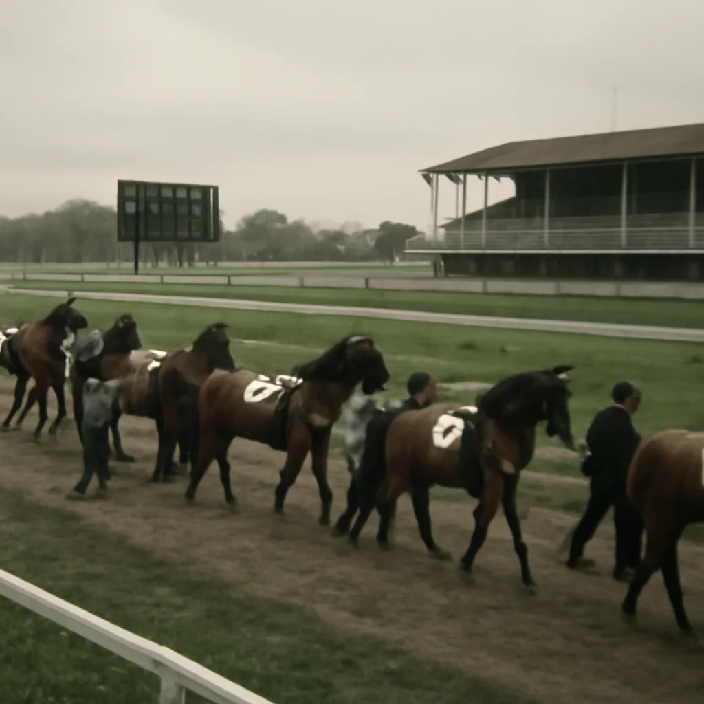 A regional racetrack paddock area in early 2000s style, horses saddled and led by handlers, stewards observing; no identifiable faces.