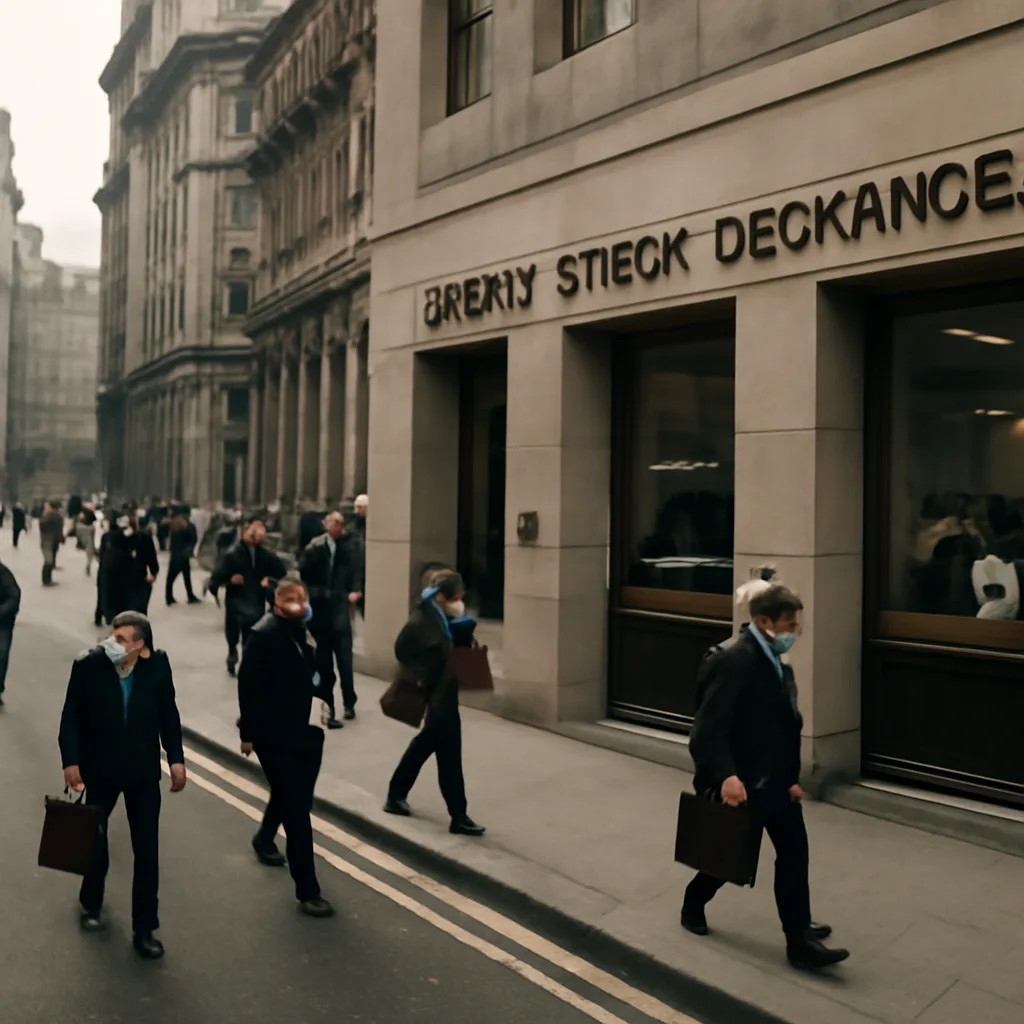 Trading floor and exterior of the London Stock Exchange in the mid-1980s, showing brokers, paper documents and early electronic terminals indicative of the post-'Big Bang' transition.