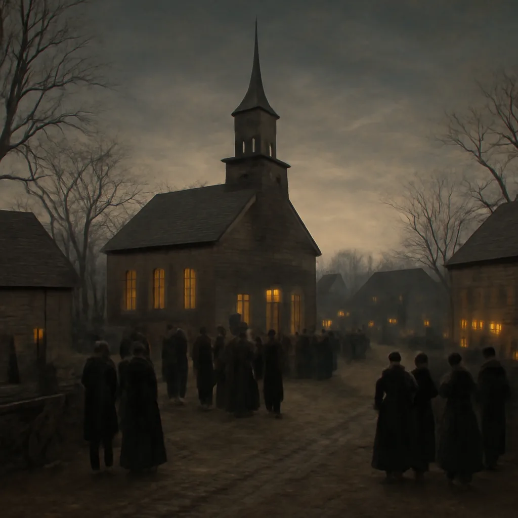 A late 17th-century New England town meetinghouse and village street at dusk, with small wooden houses, a dirt road, and townspeople gathered in groups; no identifiable faces.