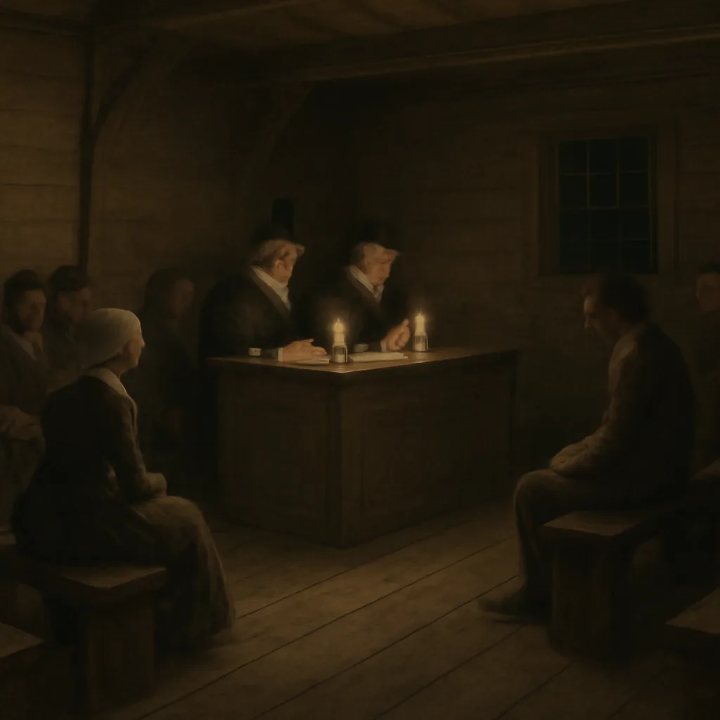 Late 17th-century New England village meeting house interior with magistrates questioning seated villagers by candlelight; plain colonial clothing and wooden benches visible.