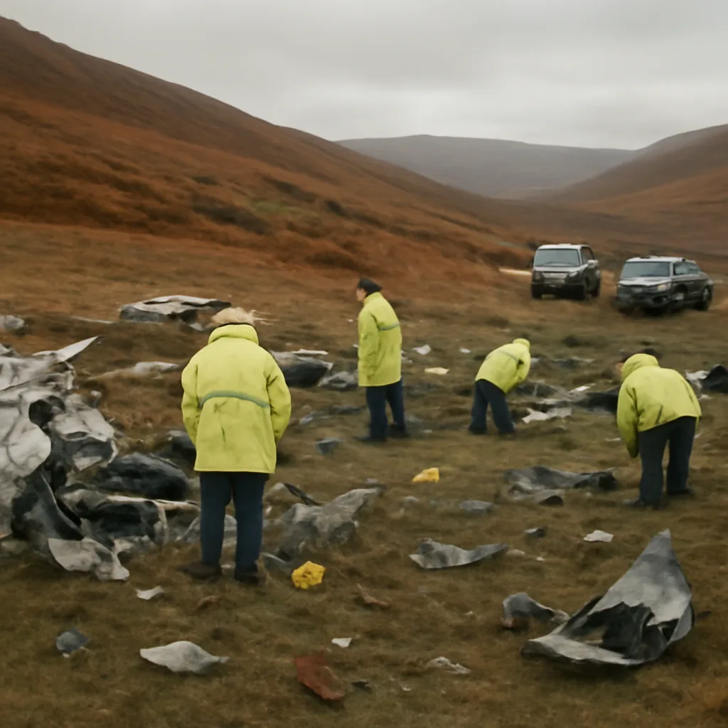 Rural Scottish hillside strewn with aircraft wreckage and investigators examining debris near Lockerbie following the September 1988 crash; emergency and recovery equipment visible, no identifiable faces.