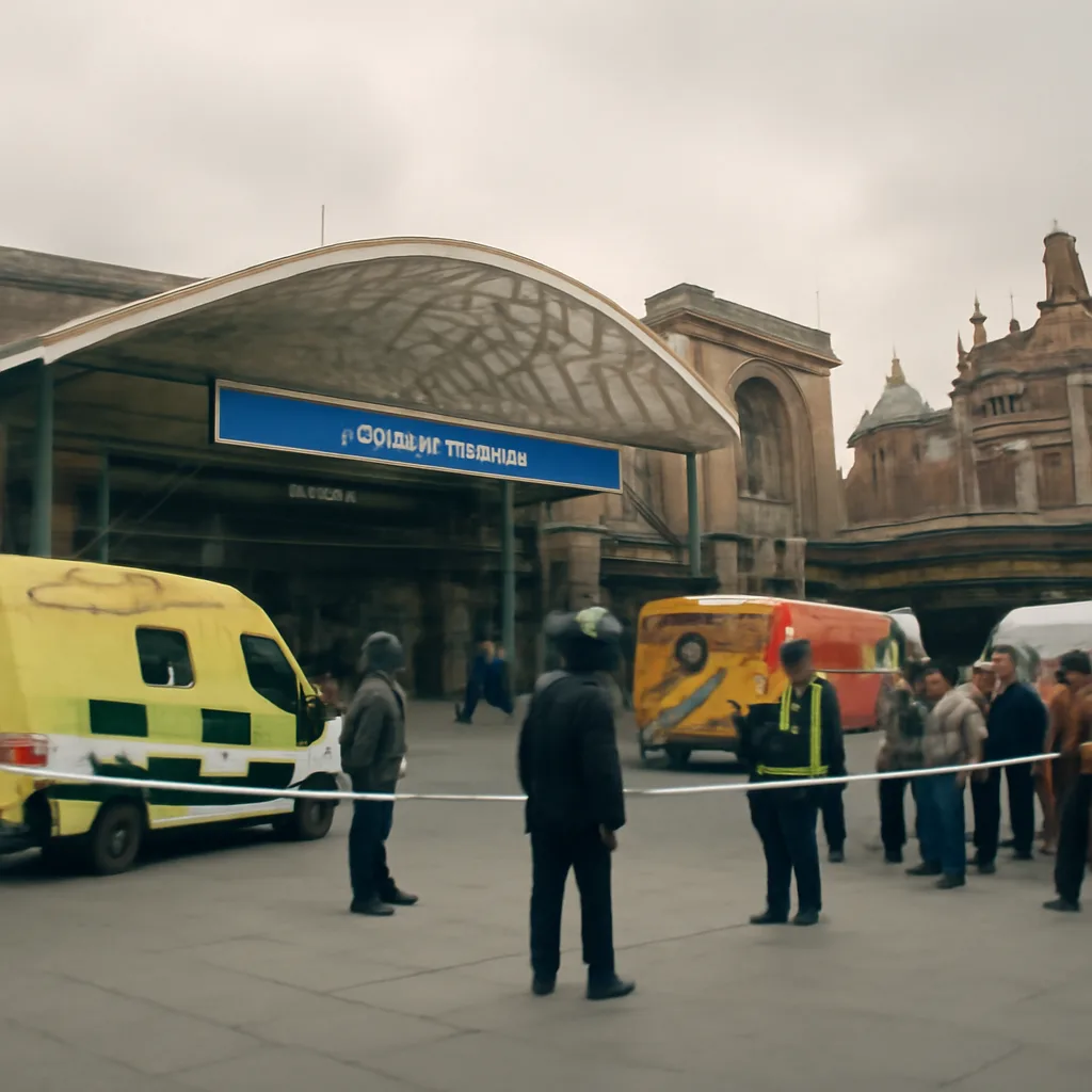 Exterior entrance and canopy of King's Cross underground station with emergency vehicles and cordon tape visible; commuters and responders keep clear.