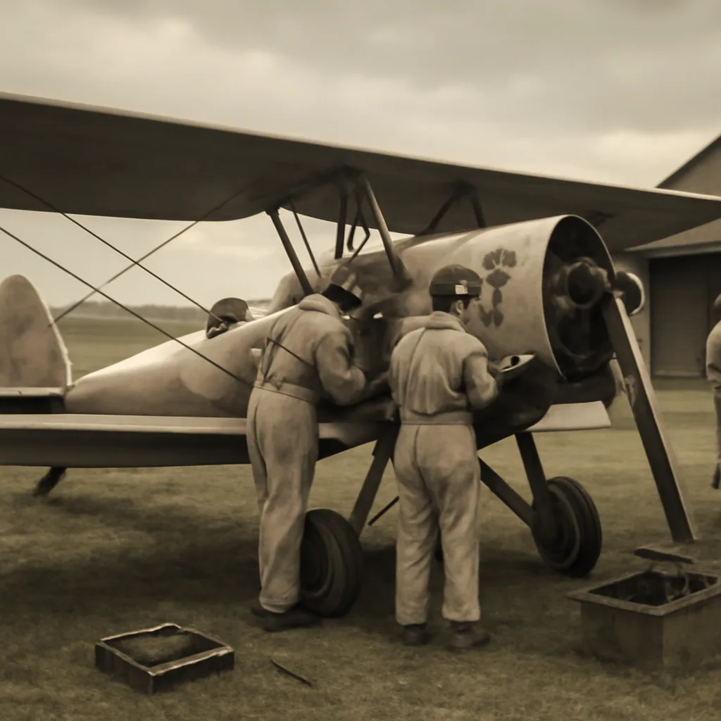 A 1930s single-engine passenger biplane on a grass airfield with mechanics inspecting the fuselage near an open engine cowling; men in period workwear and a simple wooden hangar in the background.