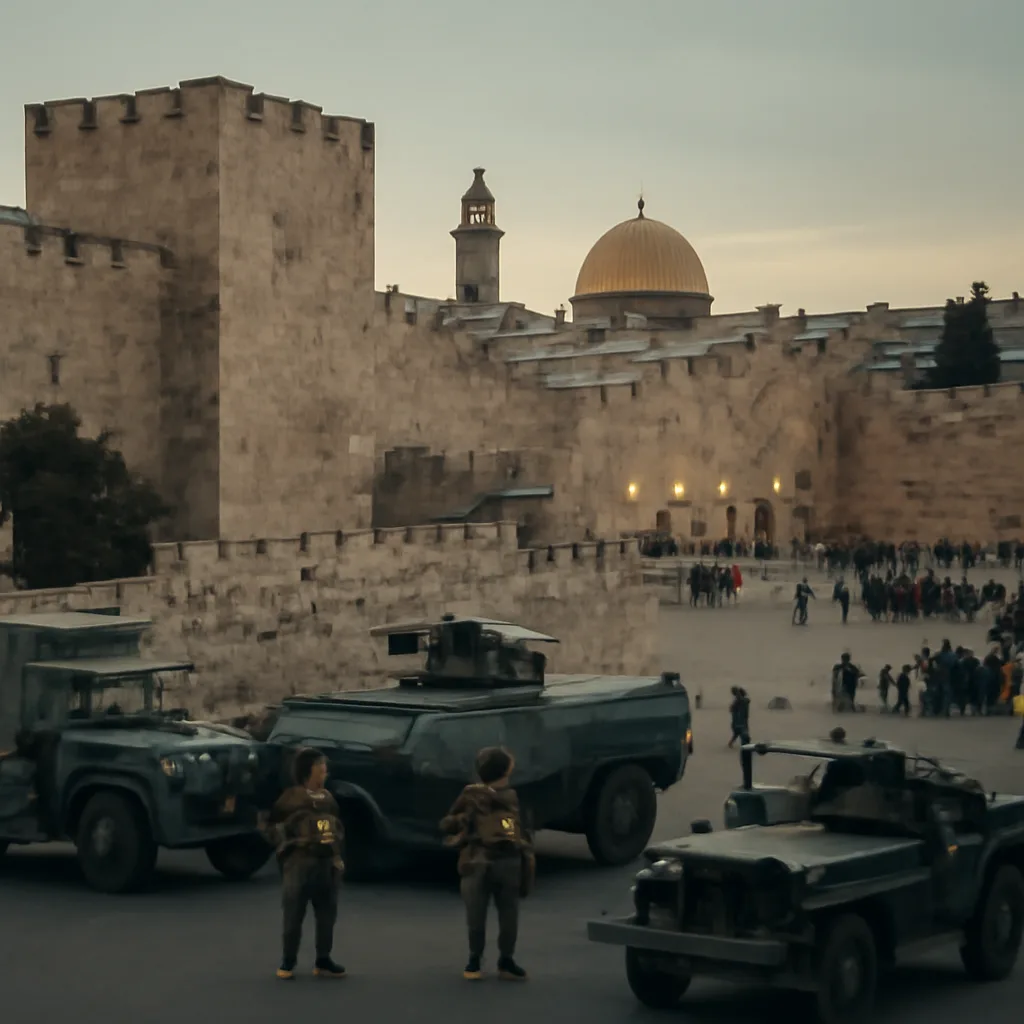 Israeli military vehicles and soldiers in a 1967-era street near the Old City walls of Jerusalem after capture; crowds gathered near the Western Wall area in the background.