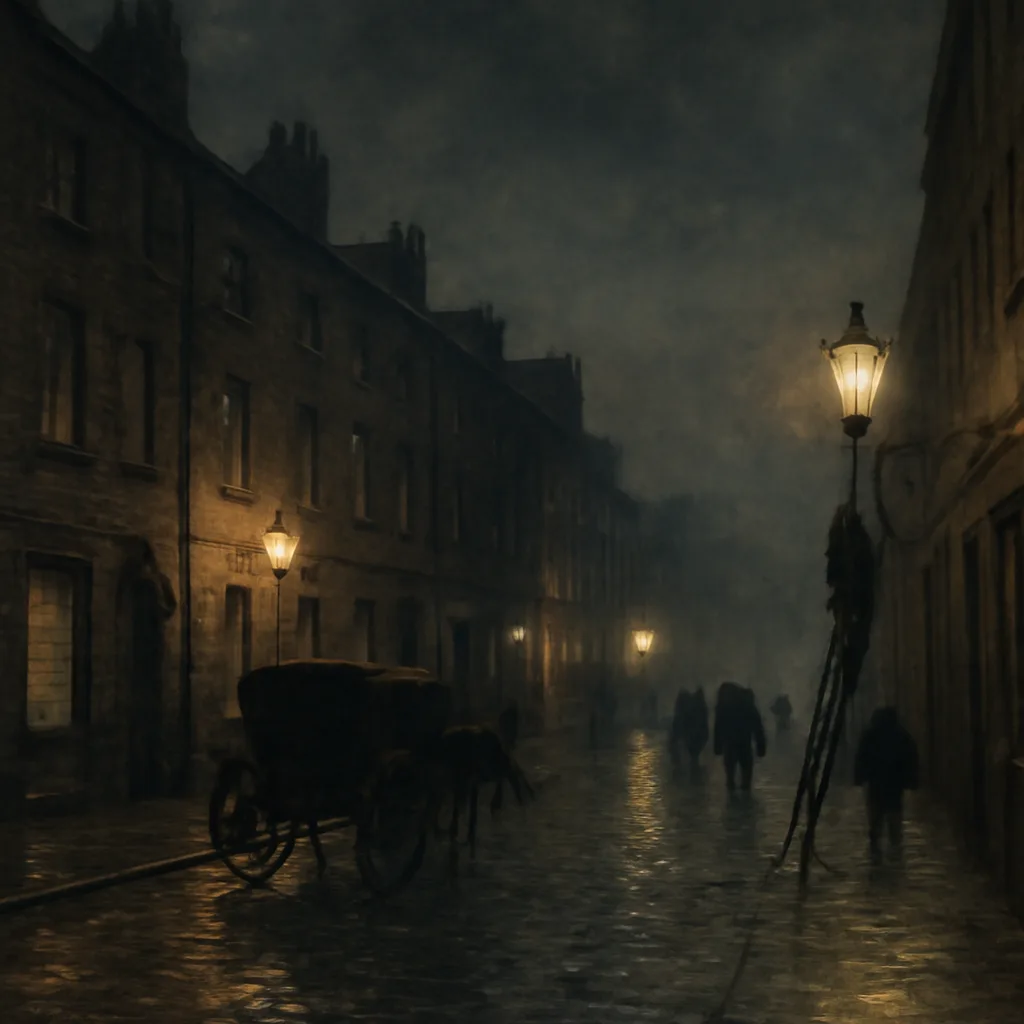 Late 19th-century Whitechapel street at night with gas lamps, narrow cobbled road, doorway entrances to lodging houses and a few shadowed figures; period-appropriate clothing visible, no identifiable faces.
