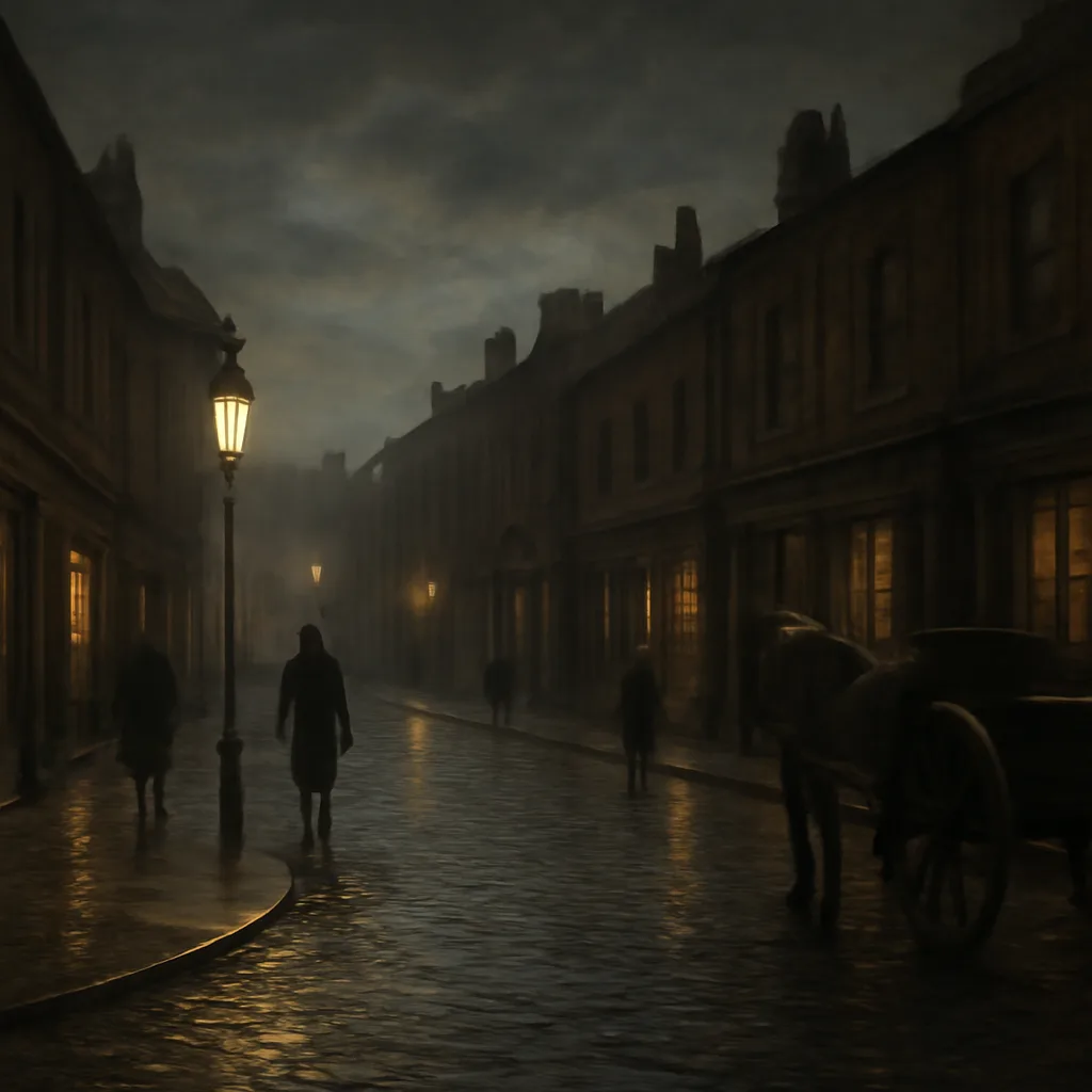 Late 19th-century Whitechapel street scene at dusk, gas lamps lit, narrow wet cobbled street, simple shopfronts and lodging house signs, silhouettes of passersby in period clothing; atmosphere tense and somber.
