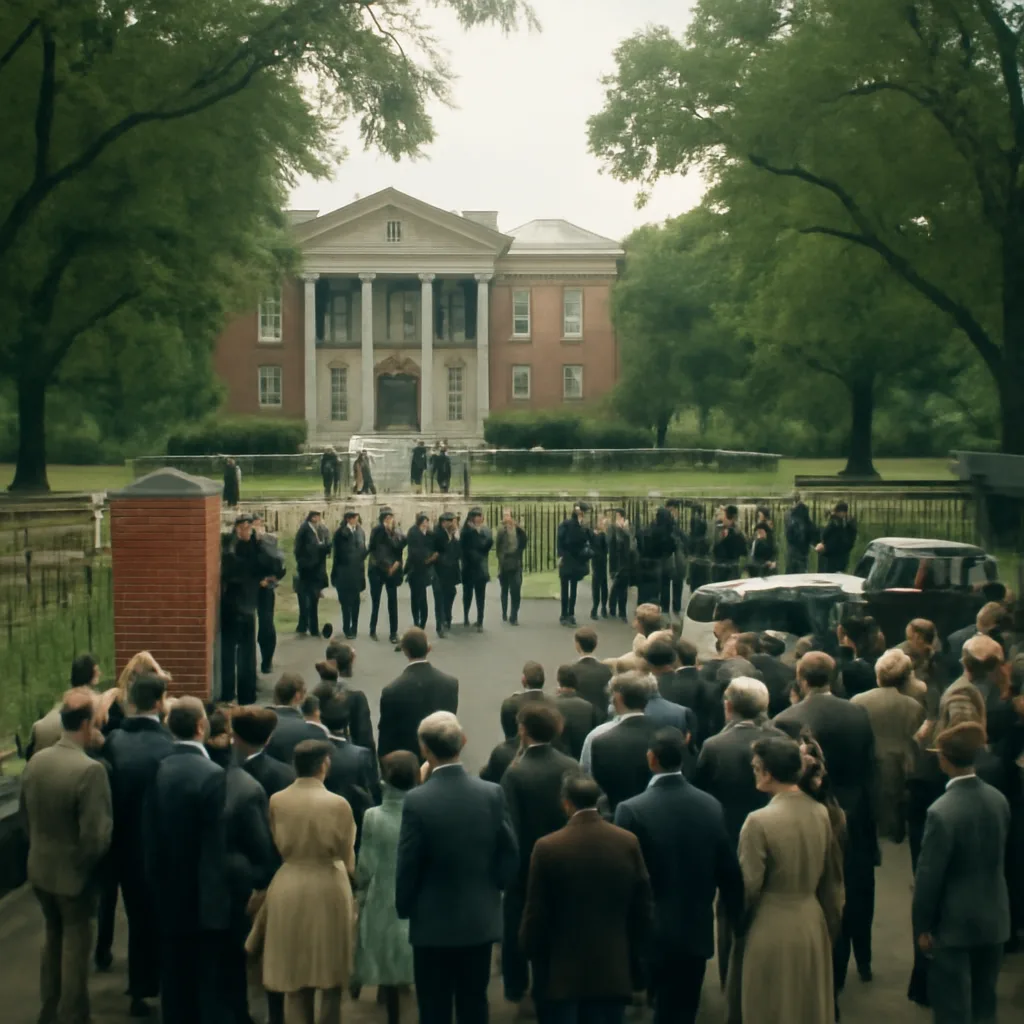 Crowd outside the University of Mississippi campus in 1962 with federal troops and law enforcement present; visibly tense campus grounds, period clothing of early 1960s.