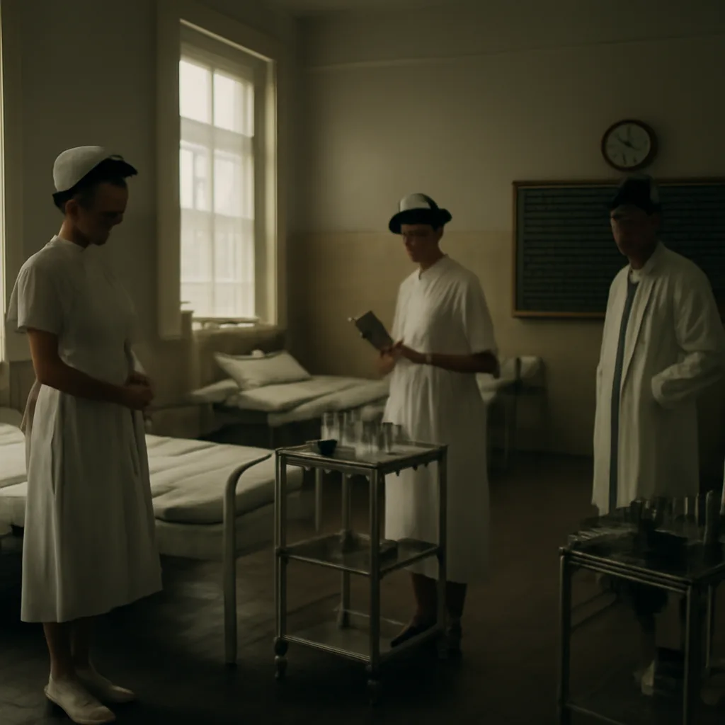 A mid-1940s hospital ward with medical staff in period uniforms preparing syringes and glass vials; equipment and surroundings typical of a U.S. hospital in the 1940s.