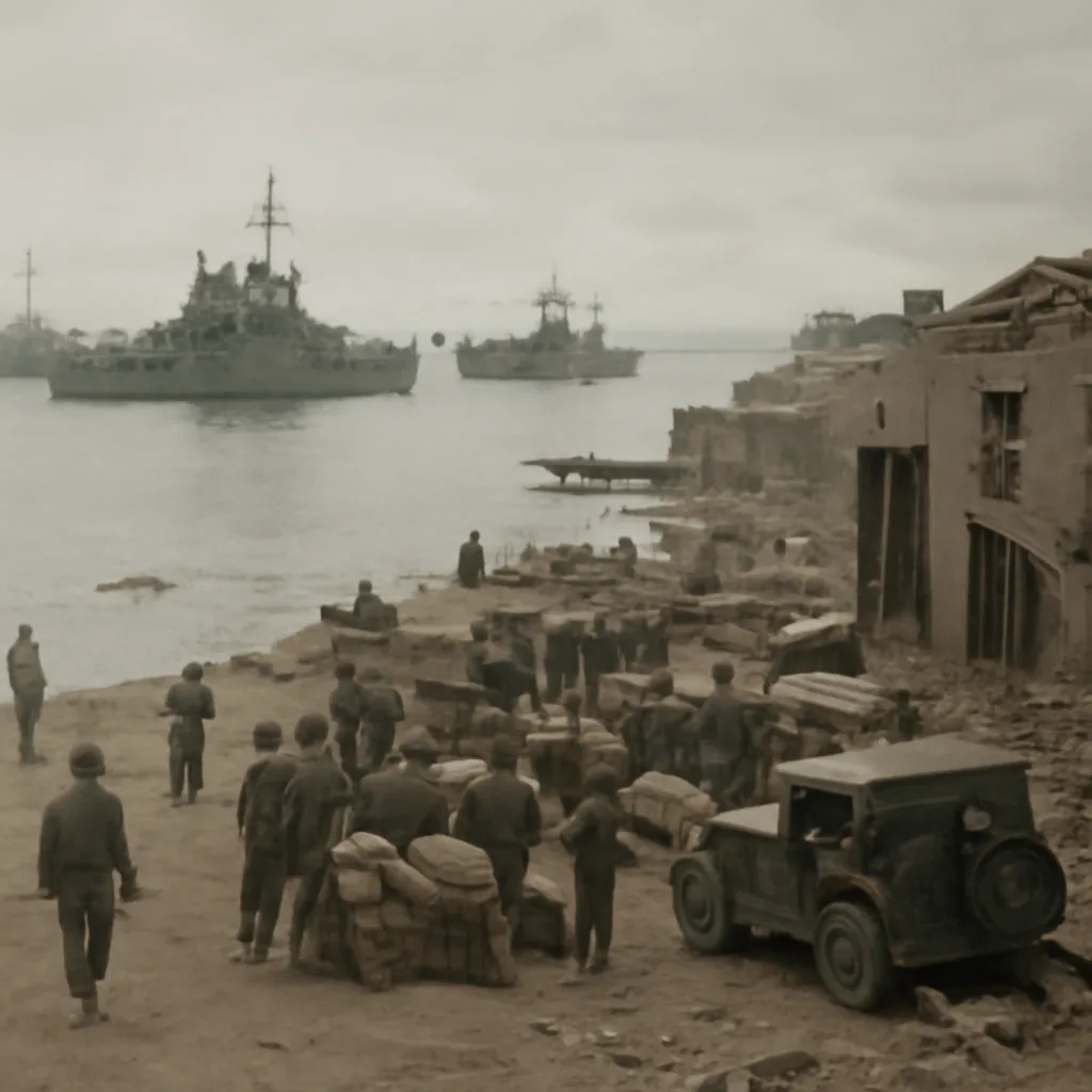 Allied naval vessels and war-damaged cityscapes in the Pacific theater in 1945, with a calm sea and overcast sky, conveying post-conflict atmosphere.
