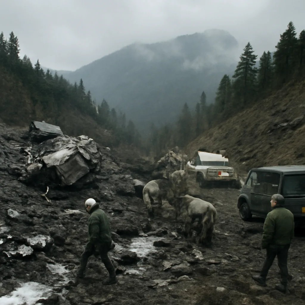 Wreckage site on a steep, forested slope of Mount Takamagahara with rescue vehicles and personnel; overcast sky, debris scattered across terrain.