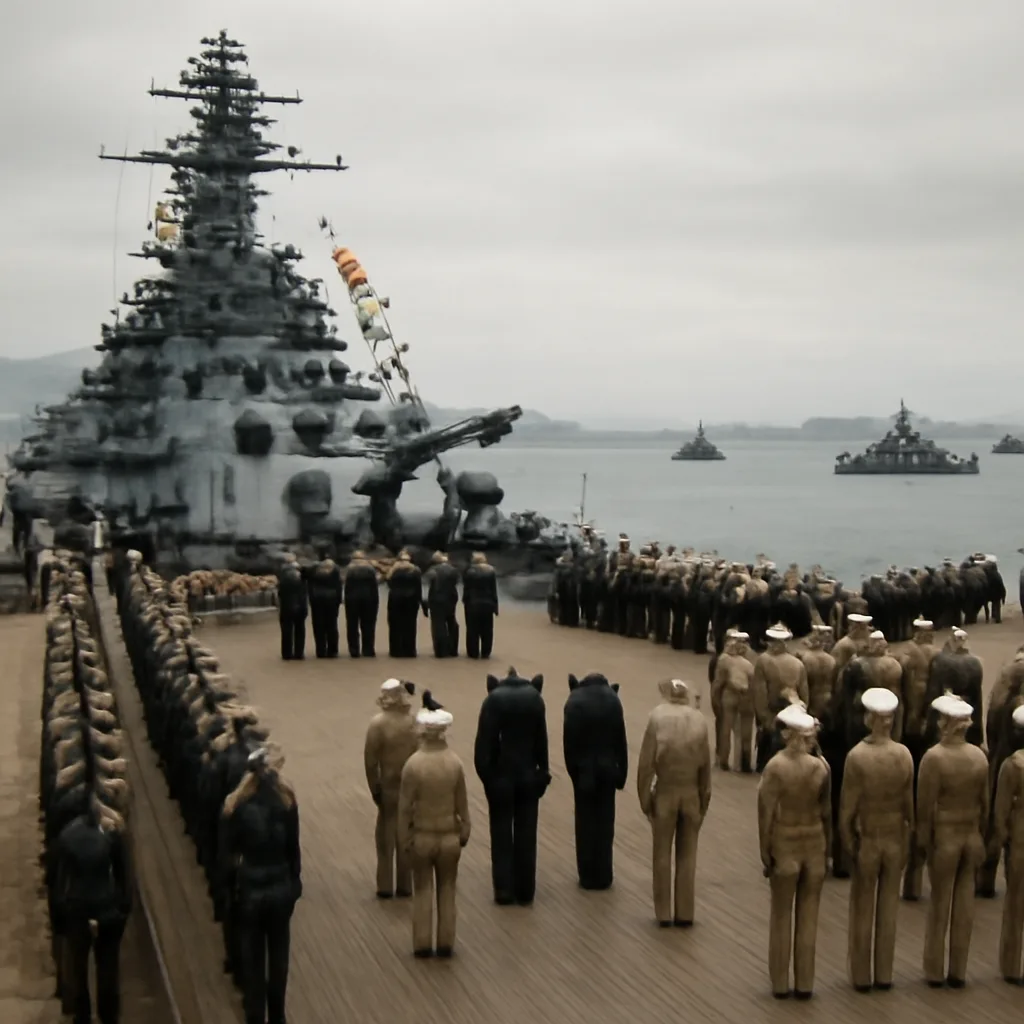 The deck of a World War II-era battleship anchored in Tokyo Bay with officers and delegations gathered for a formal signing ceremony; warships and small craft visible in the water under a clear sky.