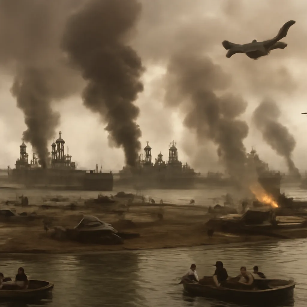 Aerial view of battleships moored at Pearl Harbor with smoke rising from damaged vessels after the December 7, 1941 attack.