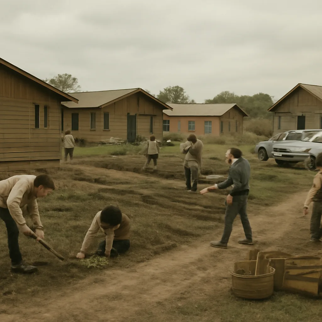 A mid-1970s rural communal compound setting: modest wooden communal buildings, garden plots, and people working together at a distance; overcast sky and vehicles of the era parked nearby—no identifiable faces.