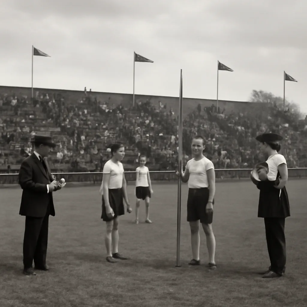 Historic‑era outdoor track field with early 20th‑century athletes and officials in period clothing; a staged scene suggesting the 1912 Olympic competition context without showing identifiable faces.