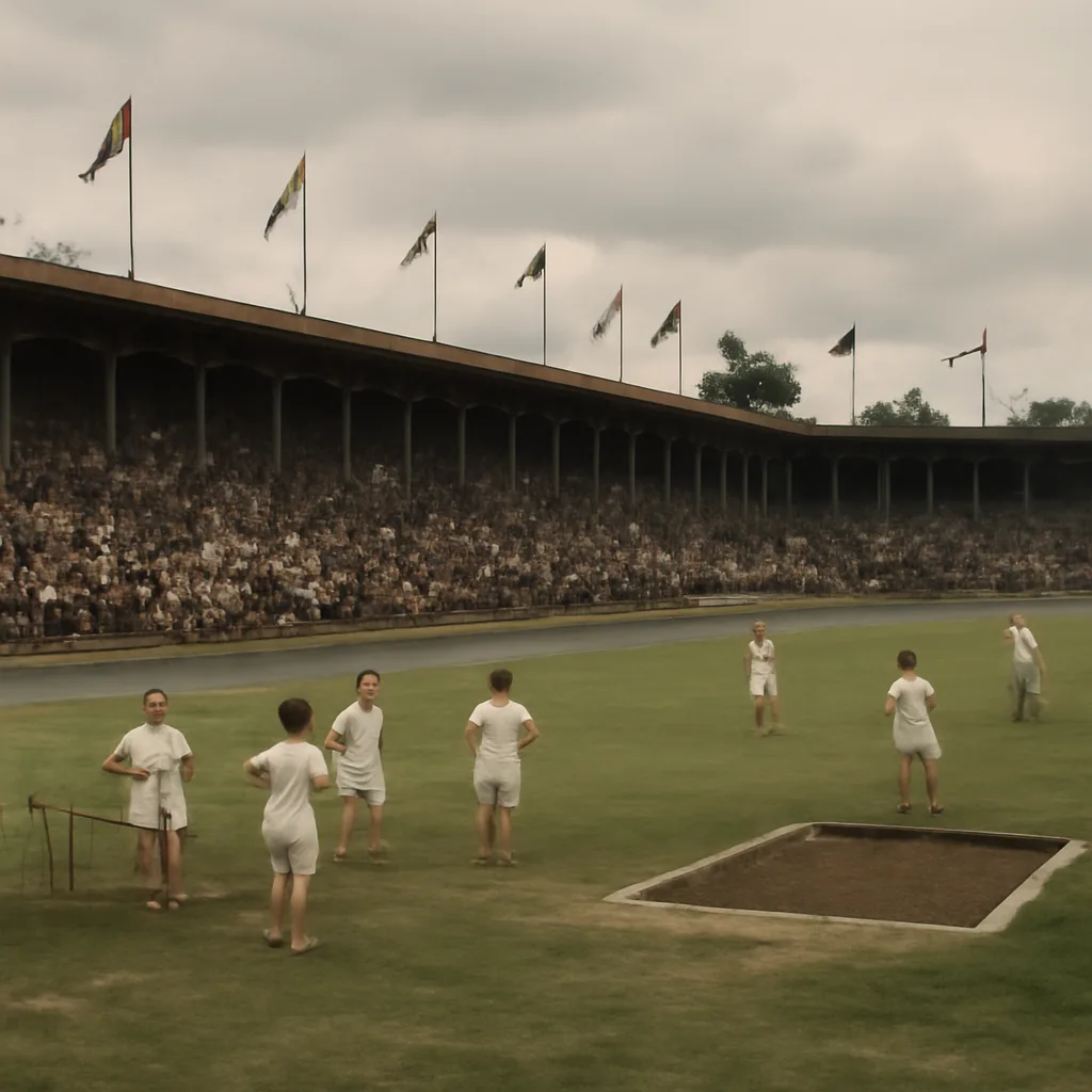 Historic scene suggestion: early 20th‑century athletics stadium with spectators in period dress and athletes on the field, evoking the 1912 Stockholm Olympic setting without depicting identifiable faces.