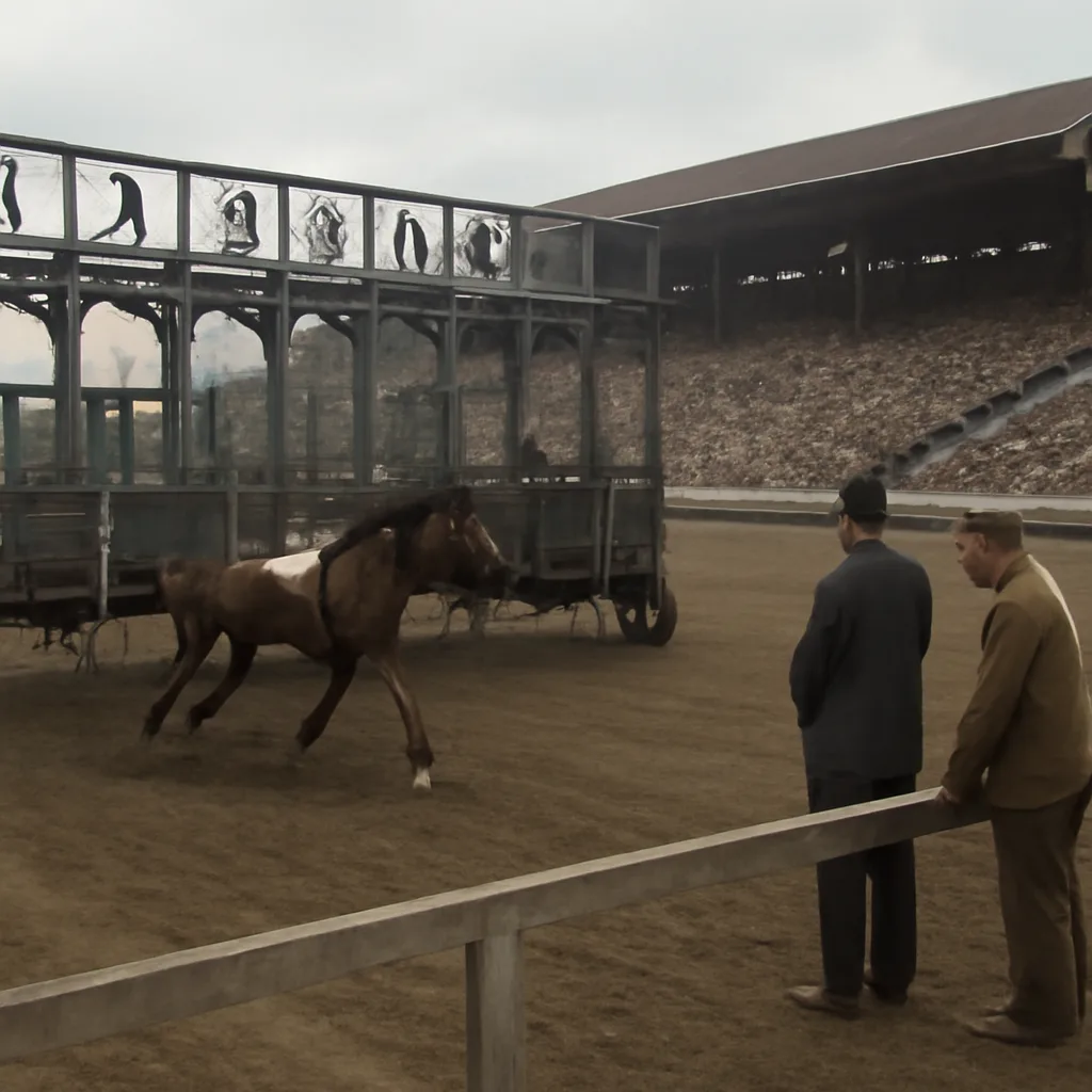 Early 1930s racetrack starting stalls with a mounted horse running toward the course; crowd and officials in period attire visible in the stands.