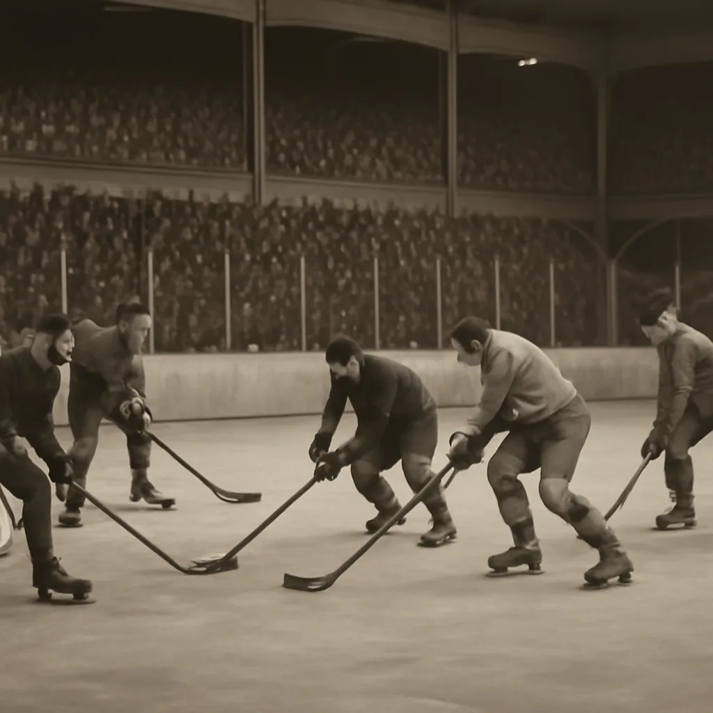 Black-and-white scene of an early 1920s hockey game at an indoor arena: players in period wool jerseys and simple leather skates contest the puck near the goal; wooden boards and a packed, indistinct crowd in the background.