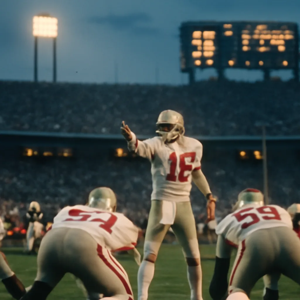 Joe Montana on the sideline pointing toward the stands during Super Bowl XXIII; stadium crowd visible in background, late 1980s football uniforms and signage.