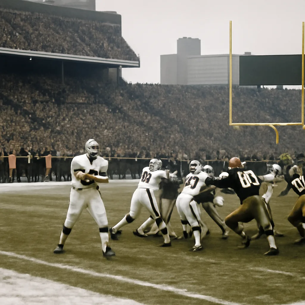 Wide shot of an outdoor 1980s professional football stadium field during a cold-weather playoff game, showing a long field with players lined up and a quarterback dropping back to pass amid heavy crowd stands.