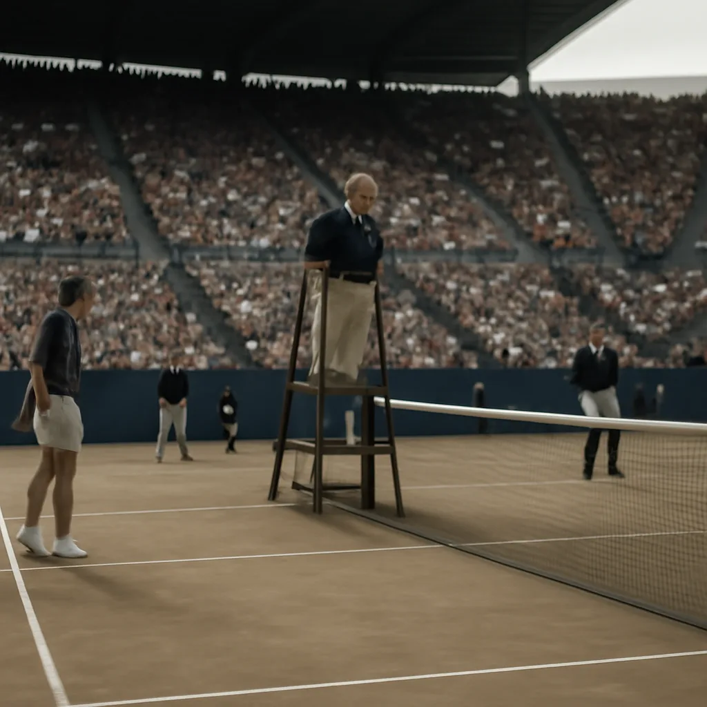 Tennis court at the Australian Open in 1990 showing a mid‑match scene: umpire's chair, net, line judges on court, and spectators in the stands; no clear closeups of players' faces.
