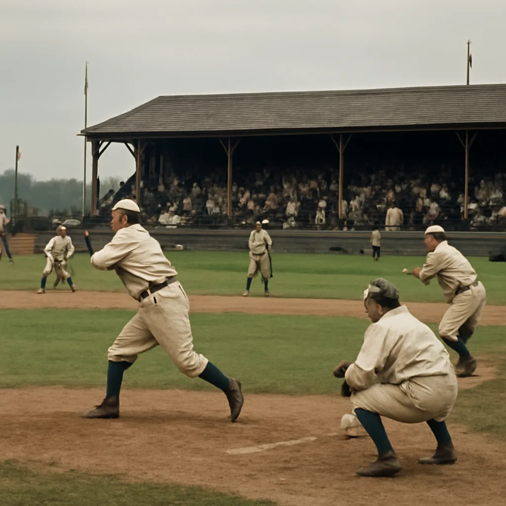 A late 19th-century baseball diamond with players in period uniforms on the field and spectators in the wooden grandstand, rendered as a broad historical scene.