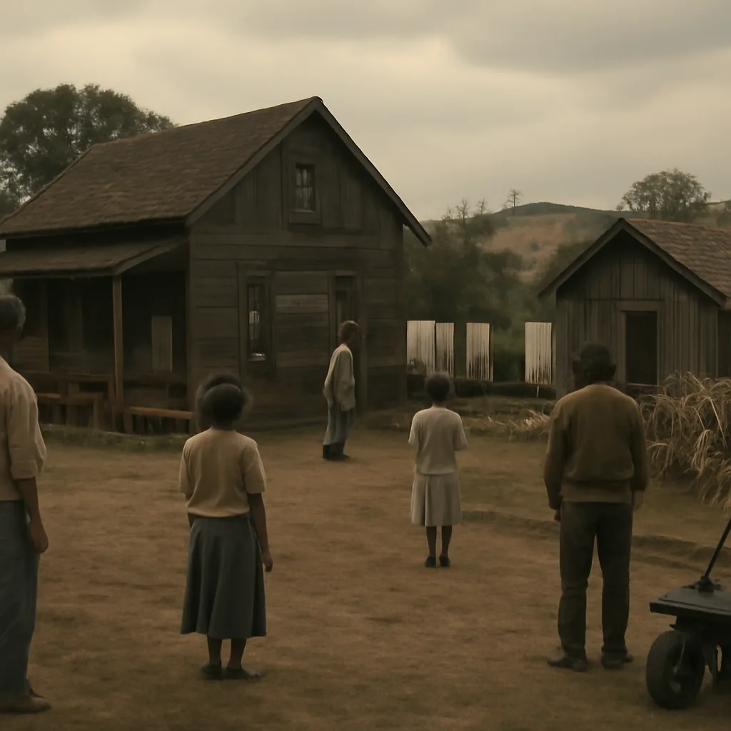 A 1970s communal farmhouse exterior and yard in Ukiah, California, with simple outbuildings and fields, conveying a controlled communal atmosphere without showing identifiable faces.