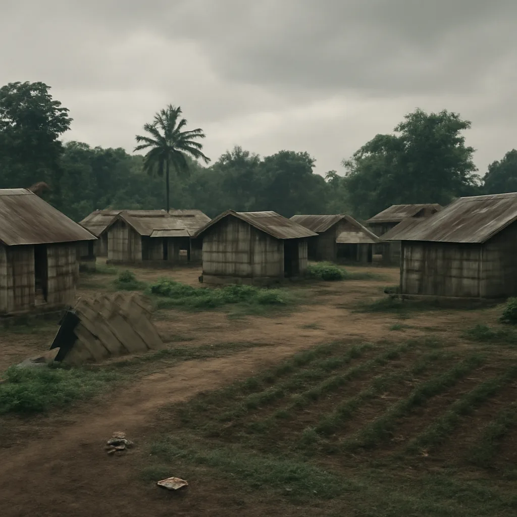 Grassy clearing with simple wooden and corrugated-roof structures in a rural Guyanese settlement, scattered personal belongings and makeshift tents, overcast sky, no identifiable faces.