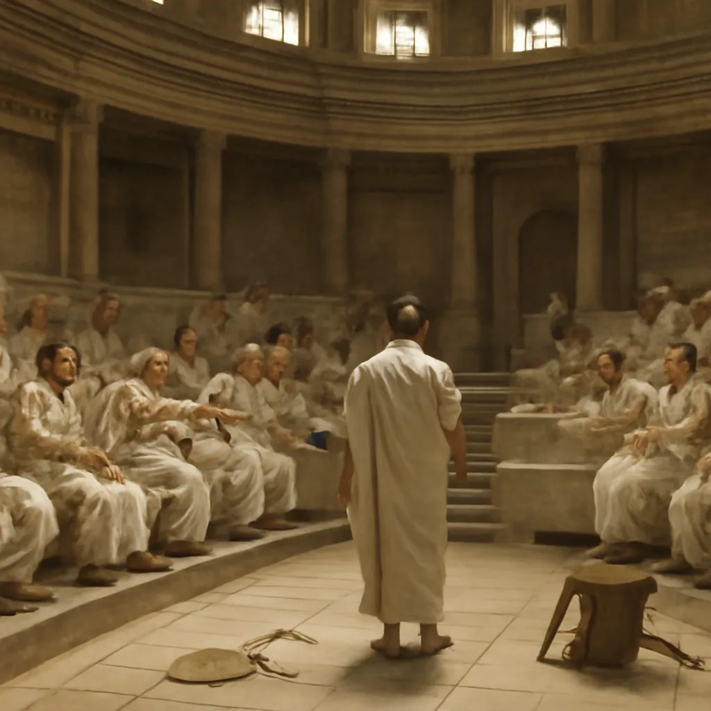 Scene of senators in the Curia of the Theatre of Pompey confronting Julius Caesar during a senate meeting in Rome, March 15, 44 BCE.