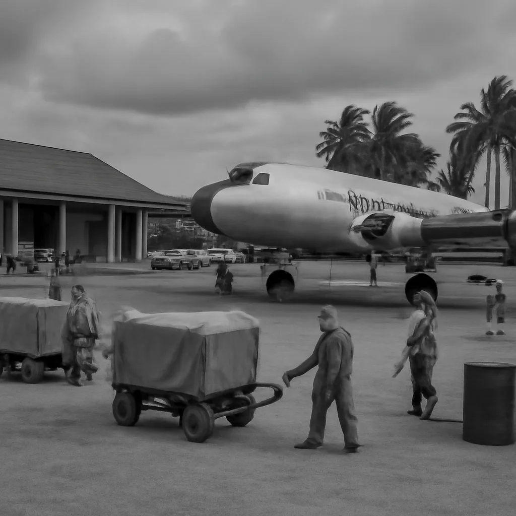 A 1940s Douglas DC-4 airliner on a Havana airfield apron, with ground crew and period baggage carts nearby, showing mid-20th-century Cuban airport activity.