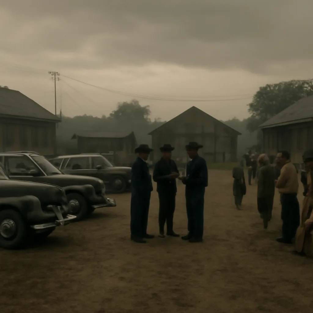 Police officers and law enforcement vehicles outside a rural communal compound in 1940s attire, with a group of seated and standing adults being processed; wooden buildings and wartime-era cars visible.