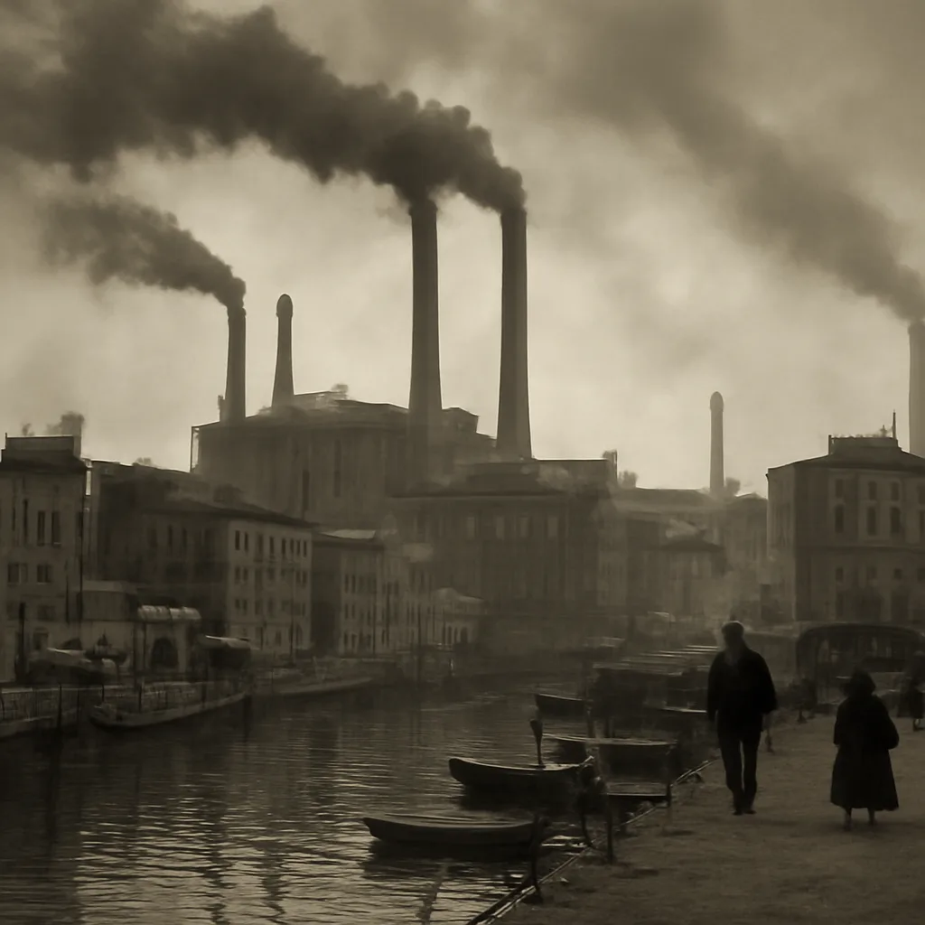 Early 20th-century industrial riverside town with smoke-emitting factory stacks, crowded tenement housing nearby, and workers or residents in period clothing seen at a distance; overcast sky suggests soot and pollution.