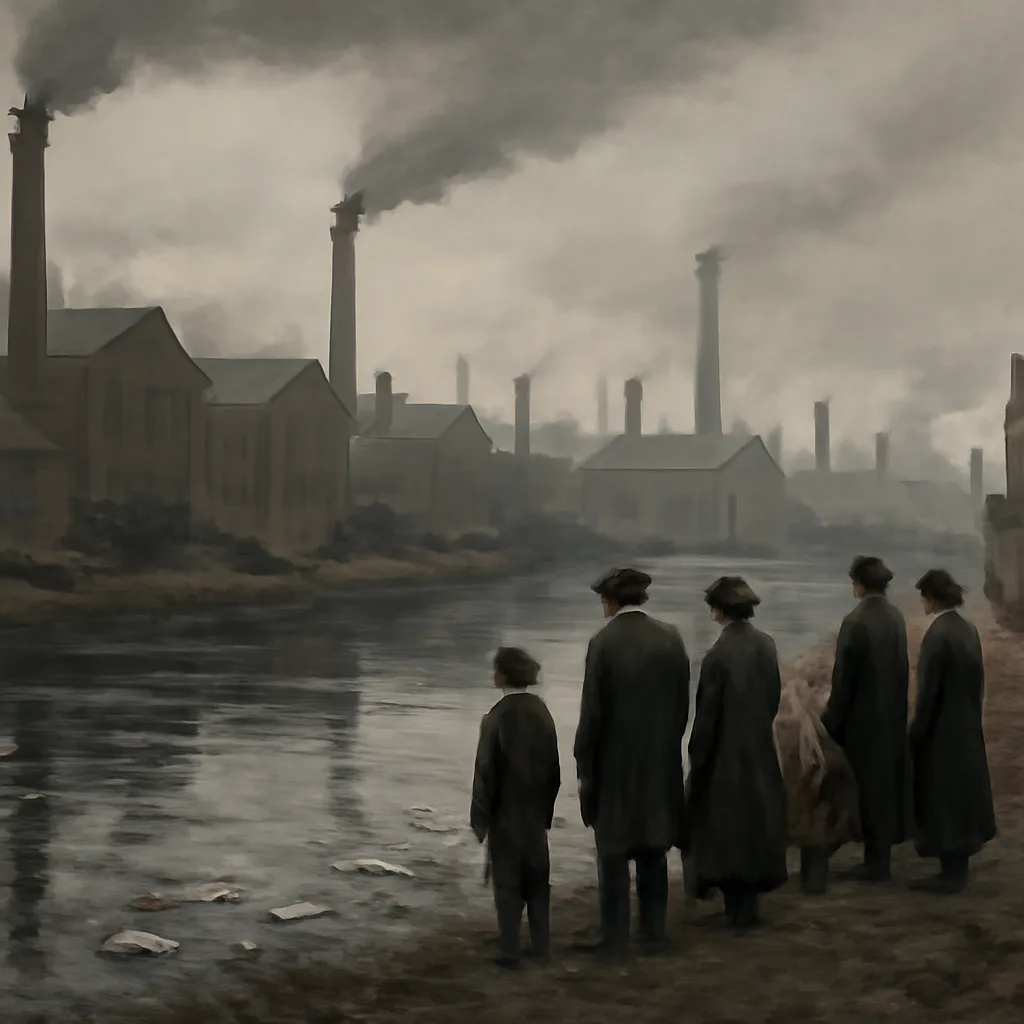 Historic industrial riverfront with factories emitting smoke, polluted river with dead fish and villagers at the bank, early 20th-century clothing and horse-drawn carts visible.