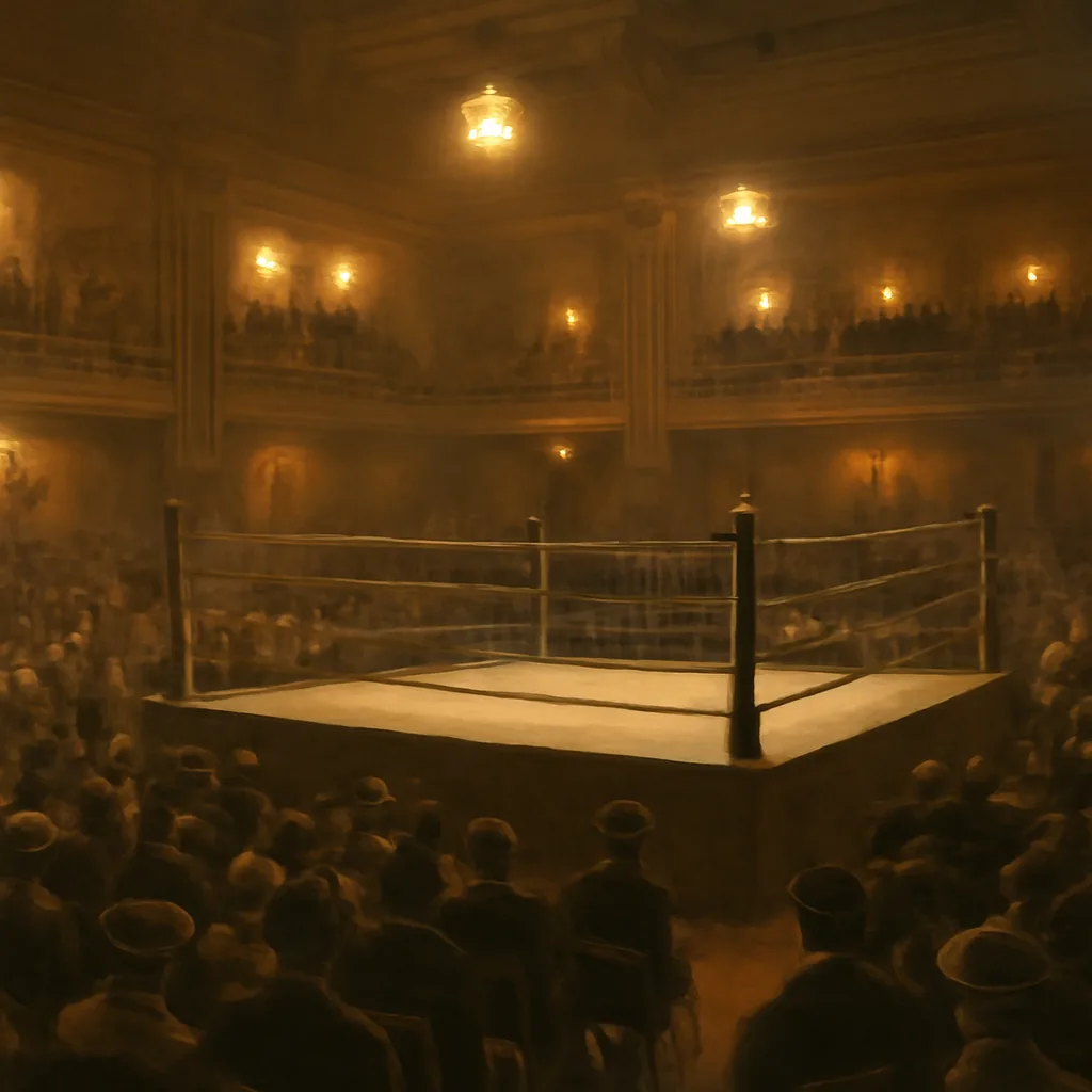 Early 20th-century indoor wrestling venue with ring, crowd in period clothing, and men in turn-of-century athletic attire preparing for a grappling match.
