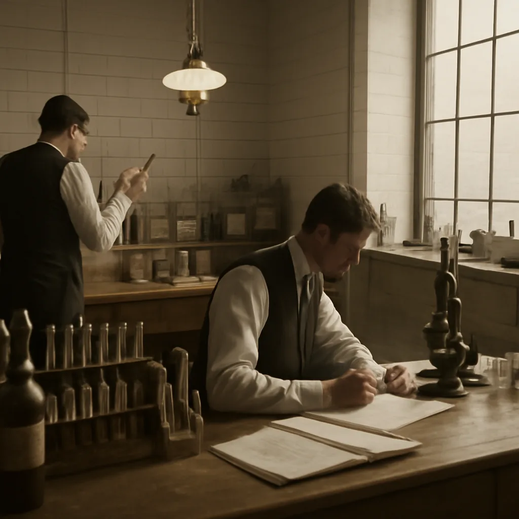 Early 20th-century laboratory table with glass test tubes, pipettes, microscope, and labeled reagent bottles on a wooden bench in a dim hospital laboratory setting.