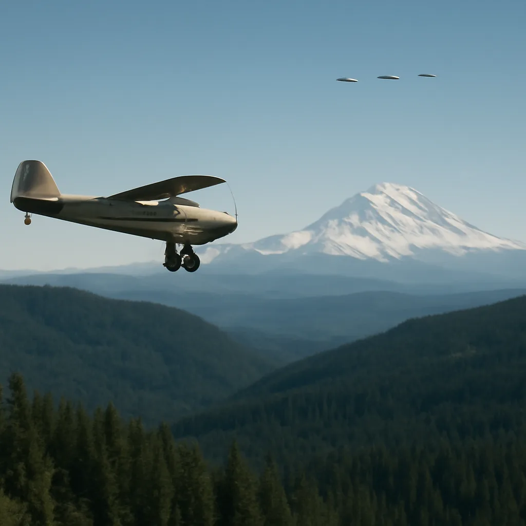 A 1940s-era single-engine light aircraft flying over forested foothills below Mount Rainier; clear sky with several small, distant crescent-shaped objects on the horizon.