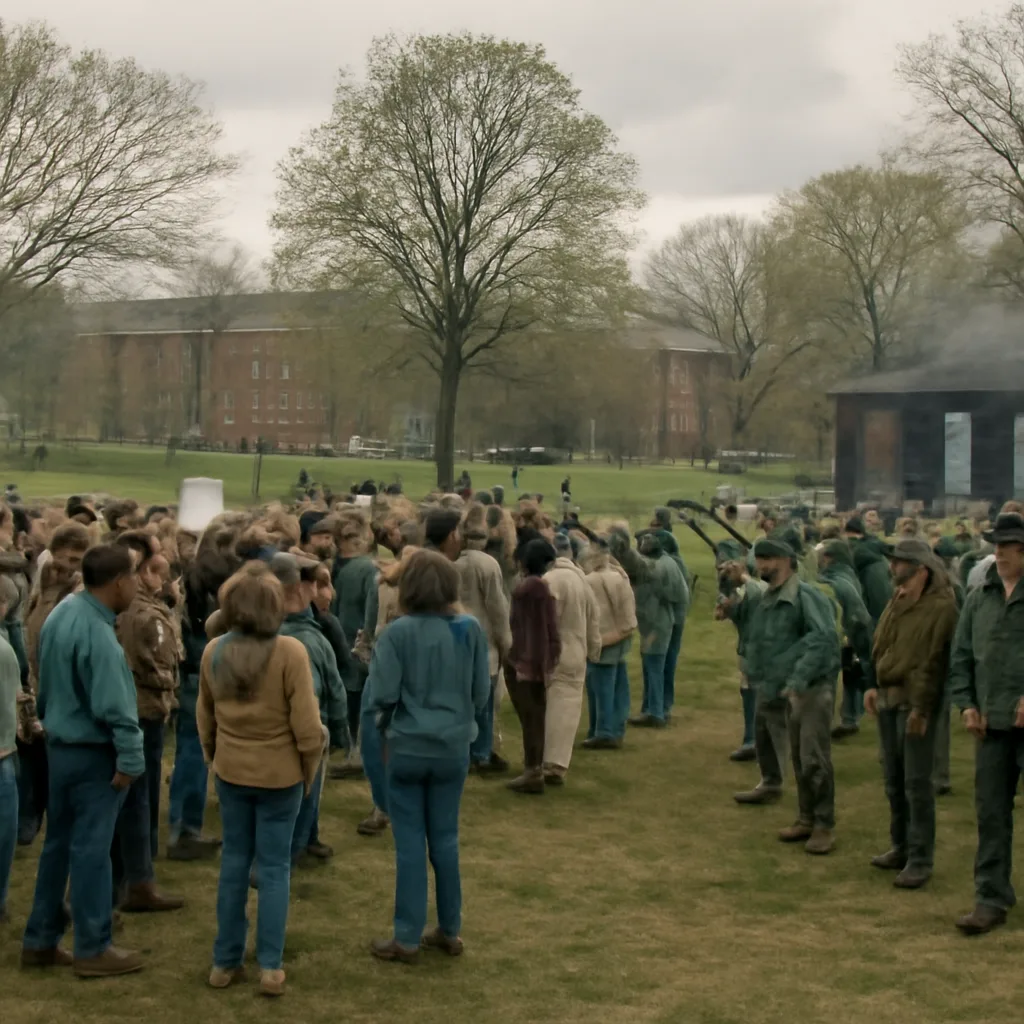 Students protesting on a college commons with National Guard troops positioned at a distance; flags, trees, and campus buildings visible, capturing a tense 1970 campus scene without identifiable faces.