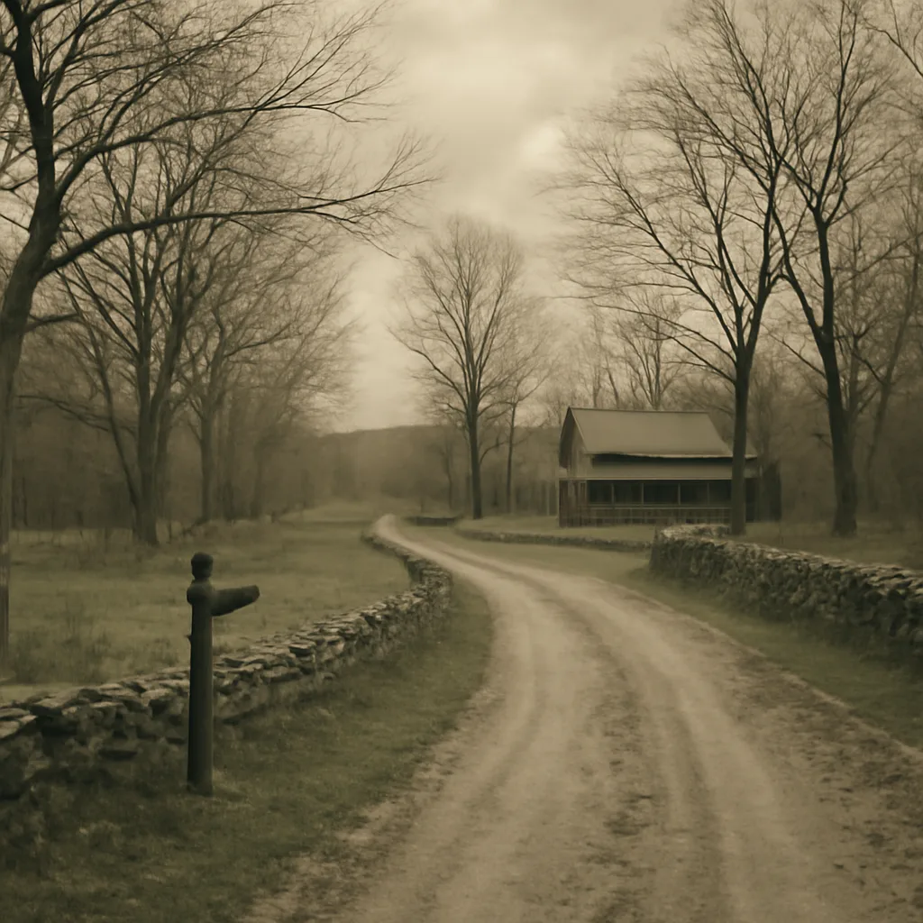 Rural New Jersey roadside in spring 1932 with low stone walls, leafless trees, and a small clearing near a dirt lane; somber, overcast sky and no people visible.