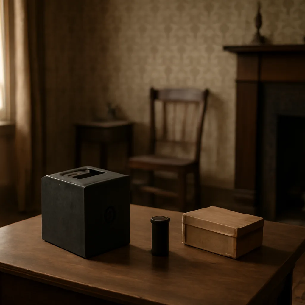 An early 1900s scene showing a simple Brownie box camera on a wooden table beside a roll of roll film and a Kodak developing box, set in a modest domestic parlor with period-appropriate furnishings.