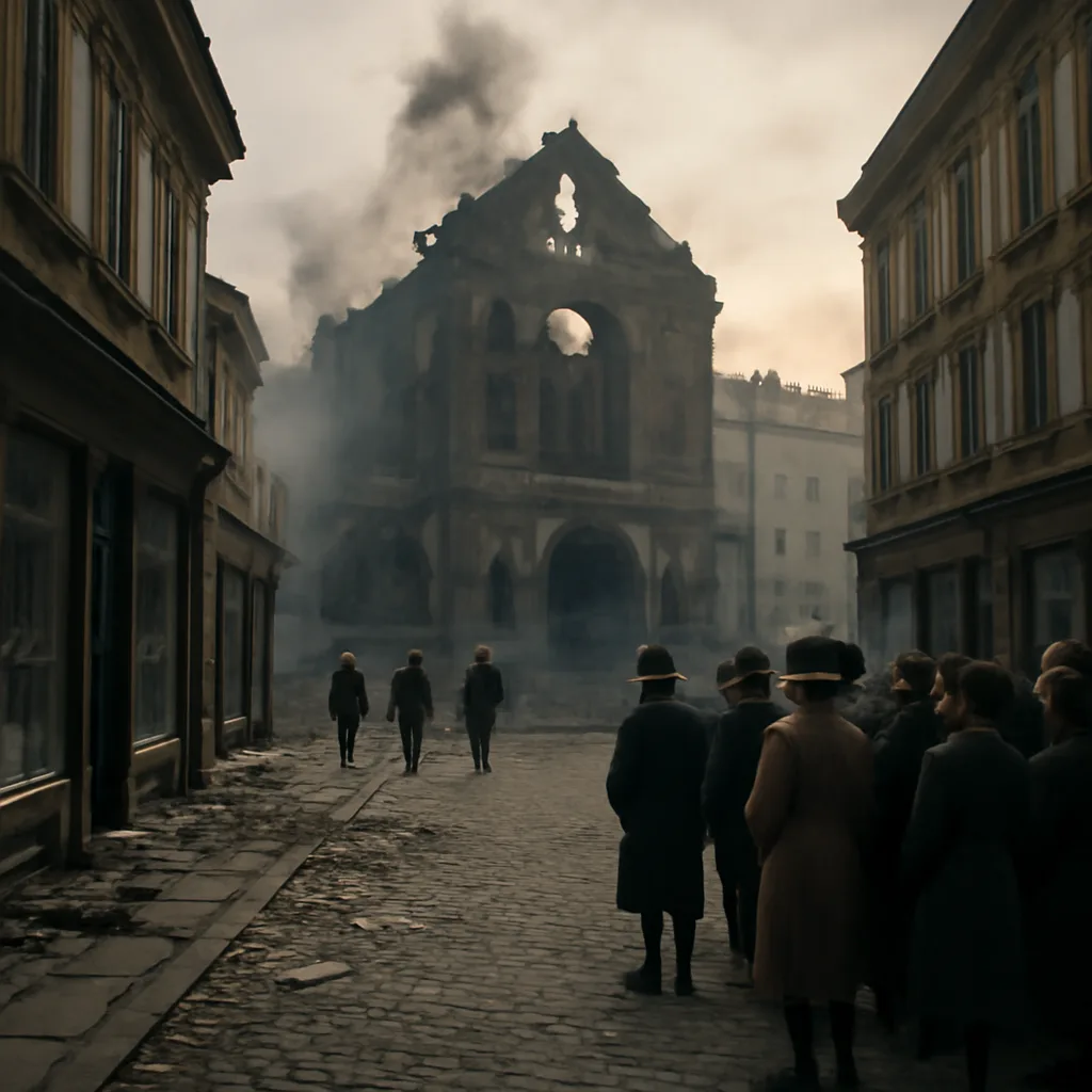 Burned and shattered synagogue facade and smashed shop windows on a German city street after the November 1938 pogrom; debris and broken glass litter the sidewalk, with a somber urban backdrop.
