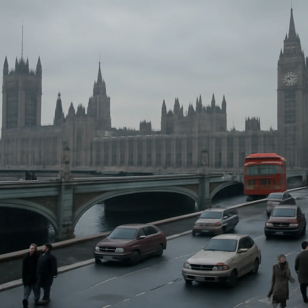 Early evening view of the Houses of Parliament from across the River Thames in the 1970s, with traffic and pedestrians in period dress and a grey winter sky.