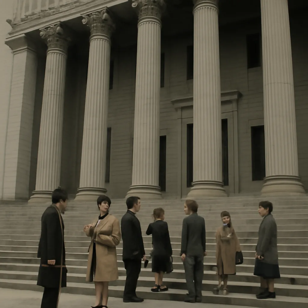 Archival-style scene of a 1970s federal courthouse exterior and a group of formally dressed plaintiffs and lawyers gathered on the courthouse steps holding legal folders; period-appropriate 1970s suits and coats visible, no identifiable faces.