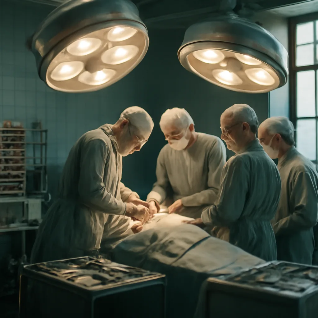 Operating theatre in early 1950s Britain showing surgeons in plain surgical gowns and caps around an open chest on an operating table, with period anesthesia equipment and surgical instruments visible, no identifiable faces.