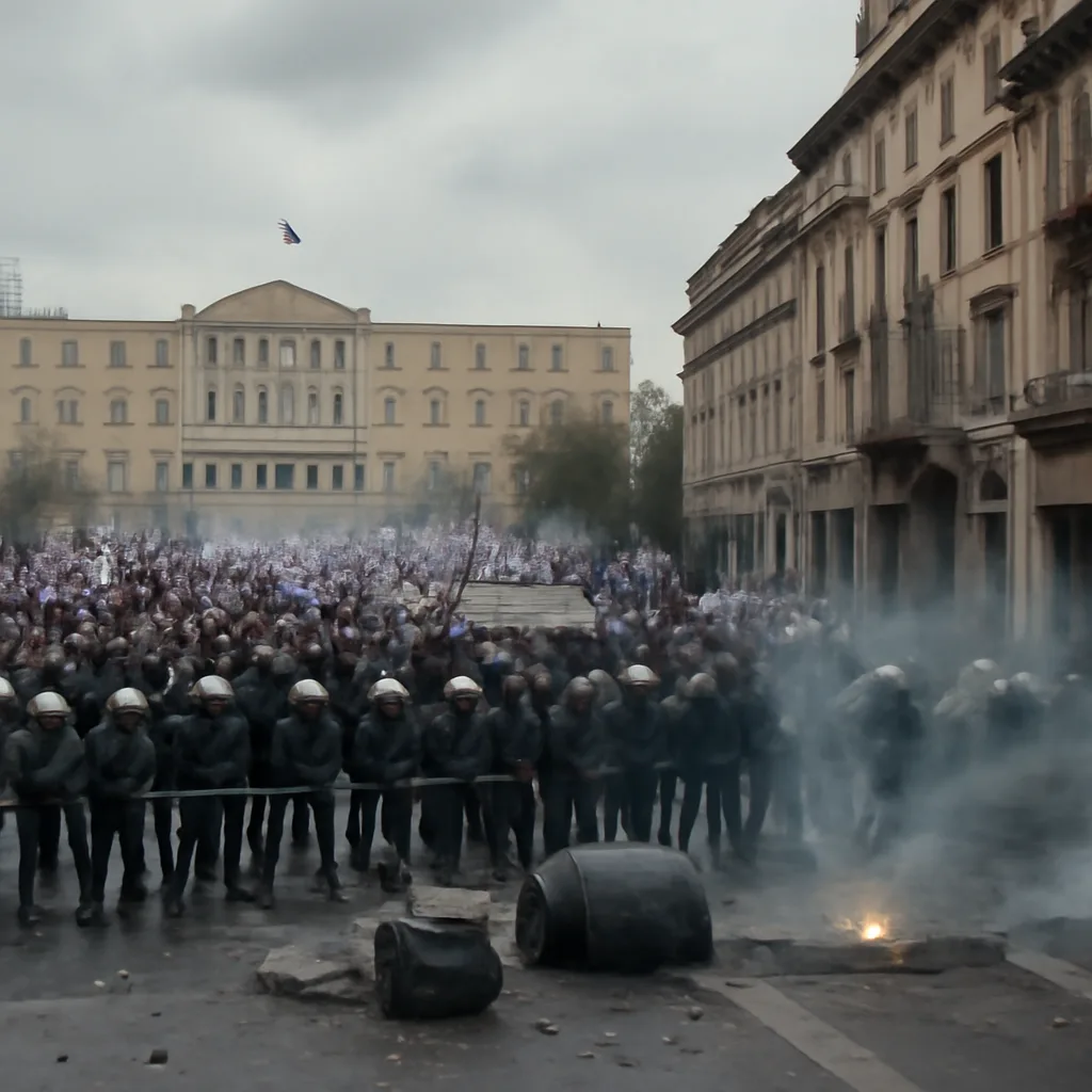 Crowds of protesters and police in central Athens near parliamentary buildings, with smoke from tear gas and some burning debris visible on the street.