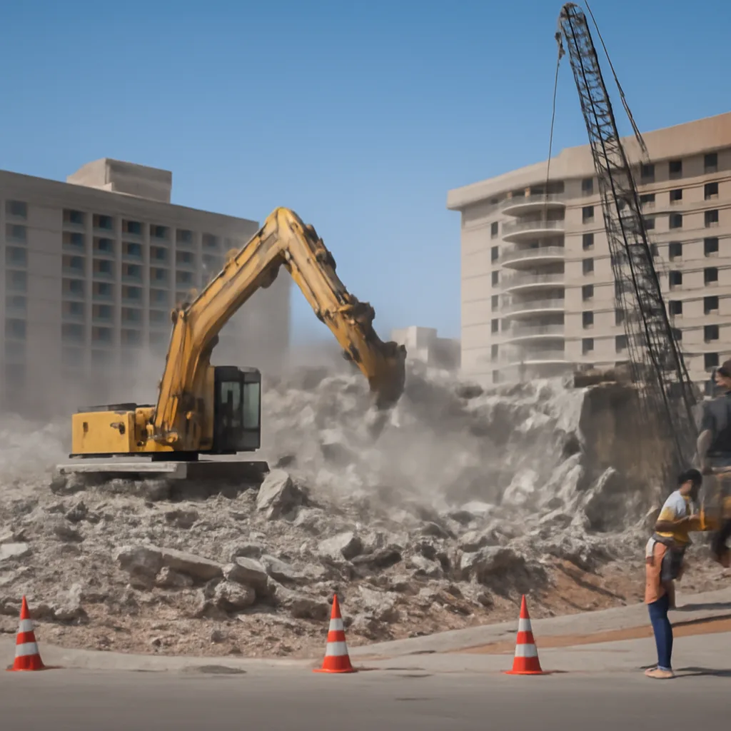 Demolition site in an urban Las Vegas setting with rubble, partially collapsed masonry, construction equipment, and adjacent intact hotel buildings.